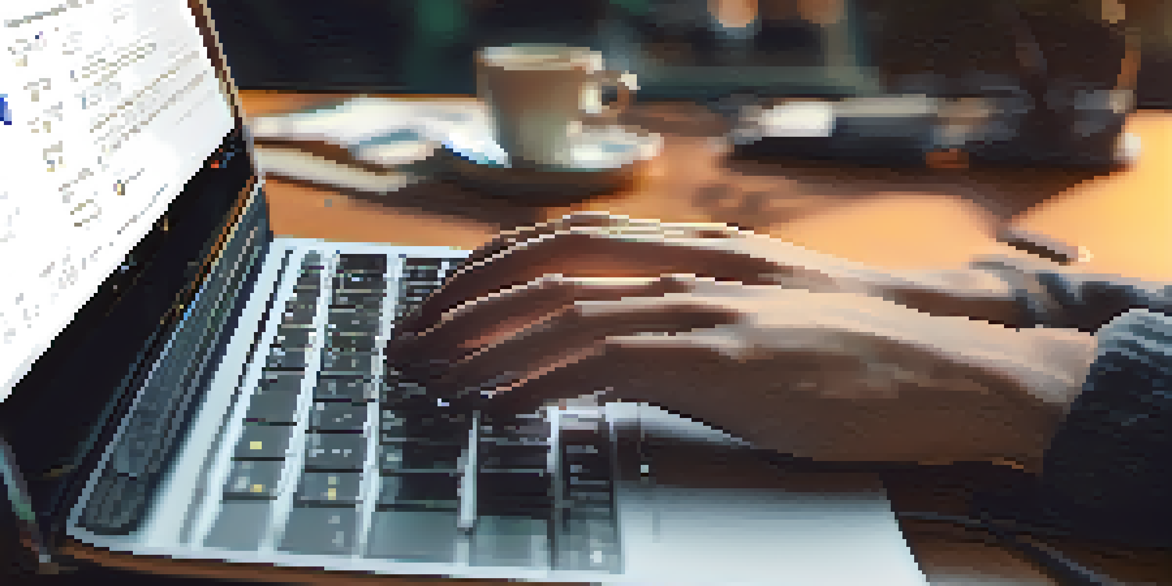 A developer's hands typing on a laptop with Ethereum code on the screen, set in a cozy workspace.