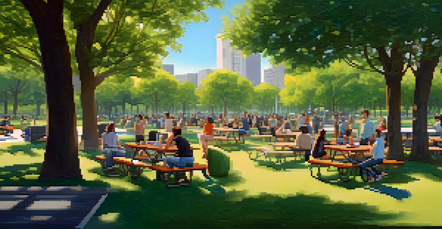 Developers collaborating in an outdoor Ethereum meetup in a sunny park, with laptops and snacks on picnic tables.