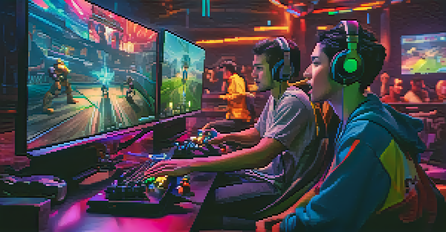 Two players immersed in a gaming session, illuminated by colorful screens and surrounded by gaming equipment.