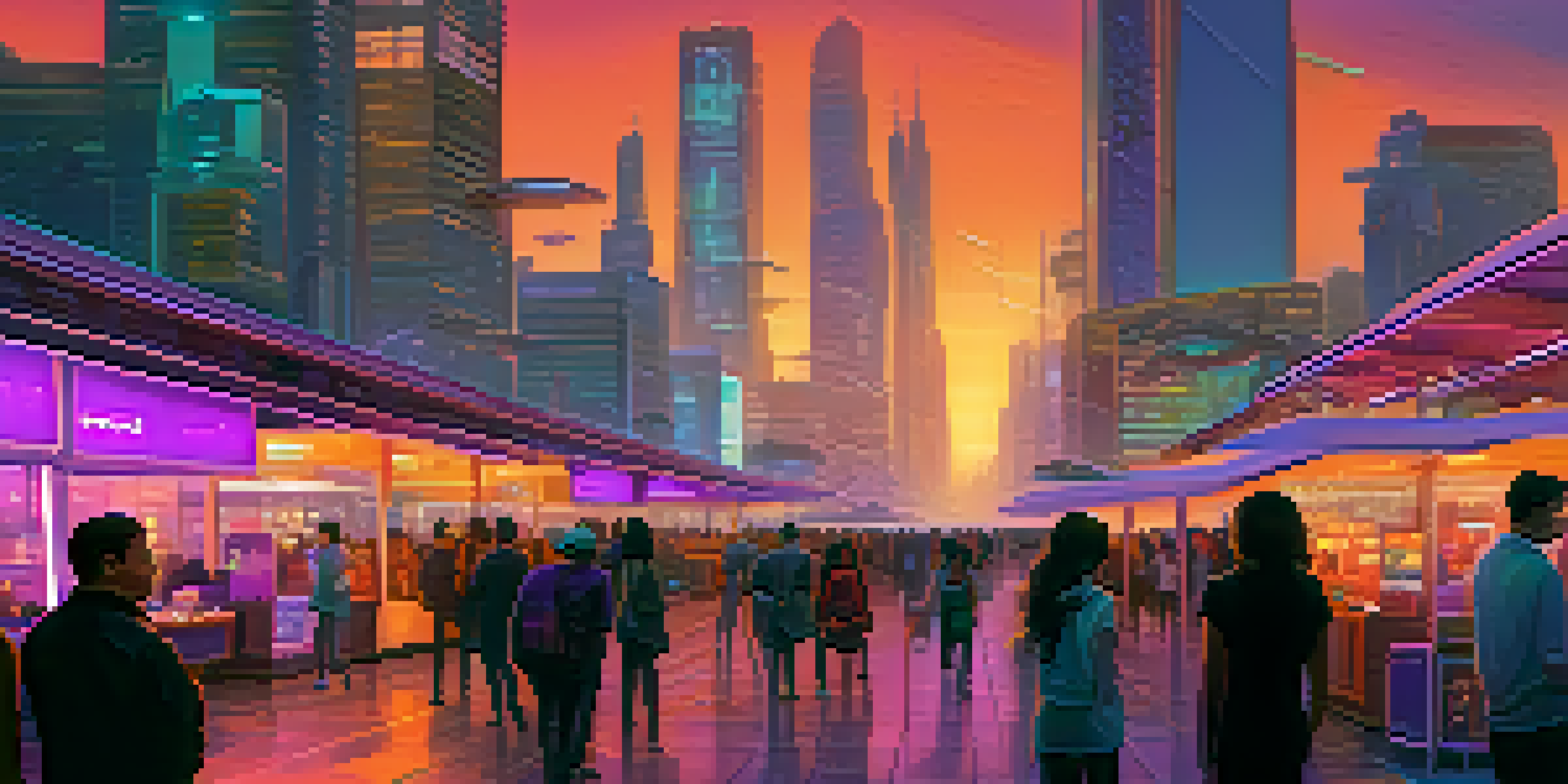 A vibrant futuristic cityscape at dusk with glowing skyscrapers and people interacting with digital kiosks.