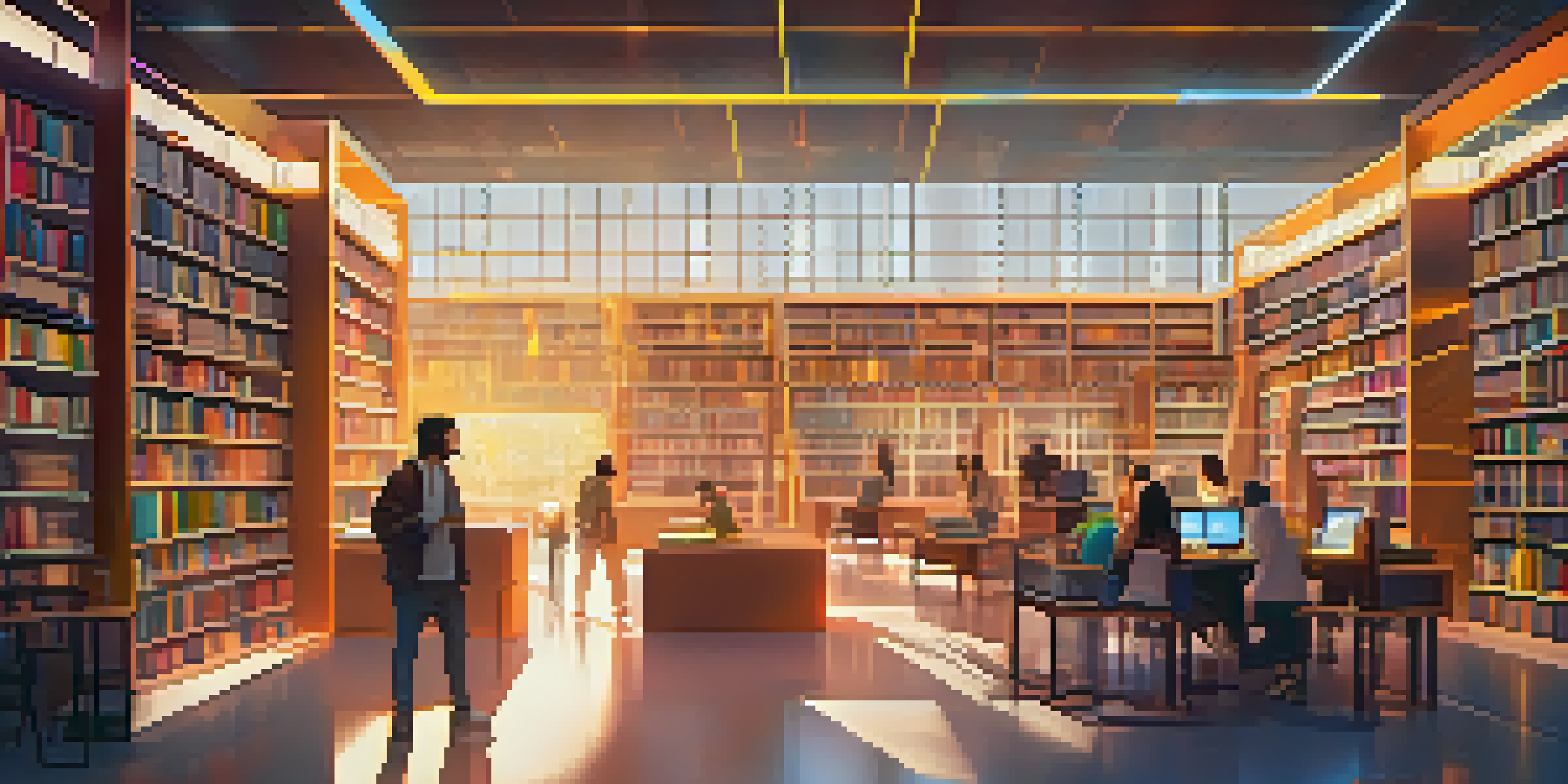 A vibrant digital library with glowing blockchain nodes and diverse people engaging with content, bathed in warm light.