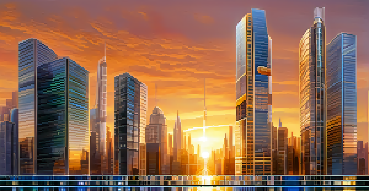 A futuristic skyscraper with labeled floors representing various insurance products, illuminated by a sunset.