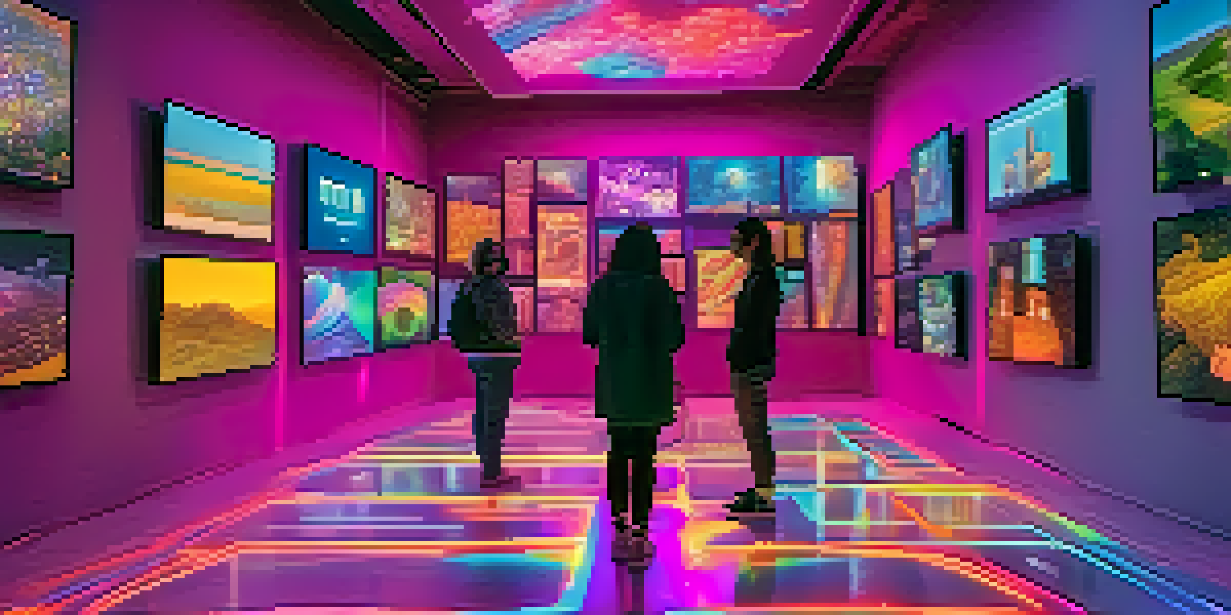 A modern art gallery displaying digital artworks in augmented reality, with visitors engaging with holographic art pieces.