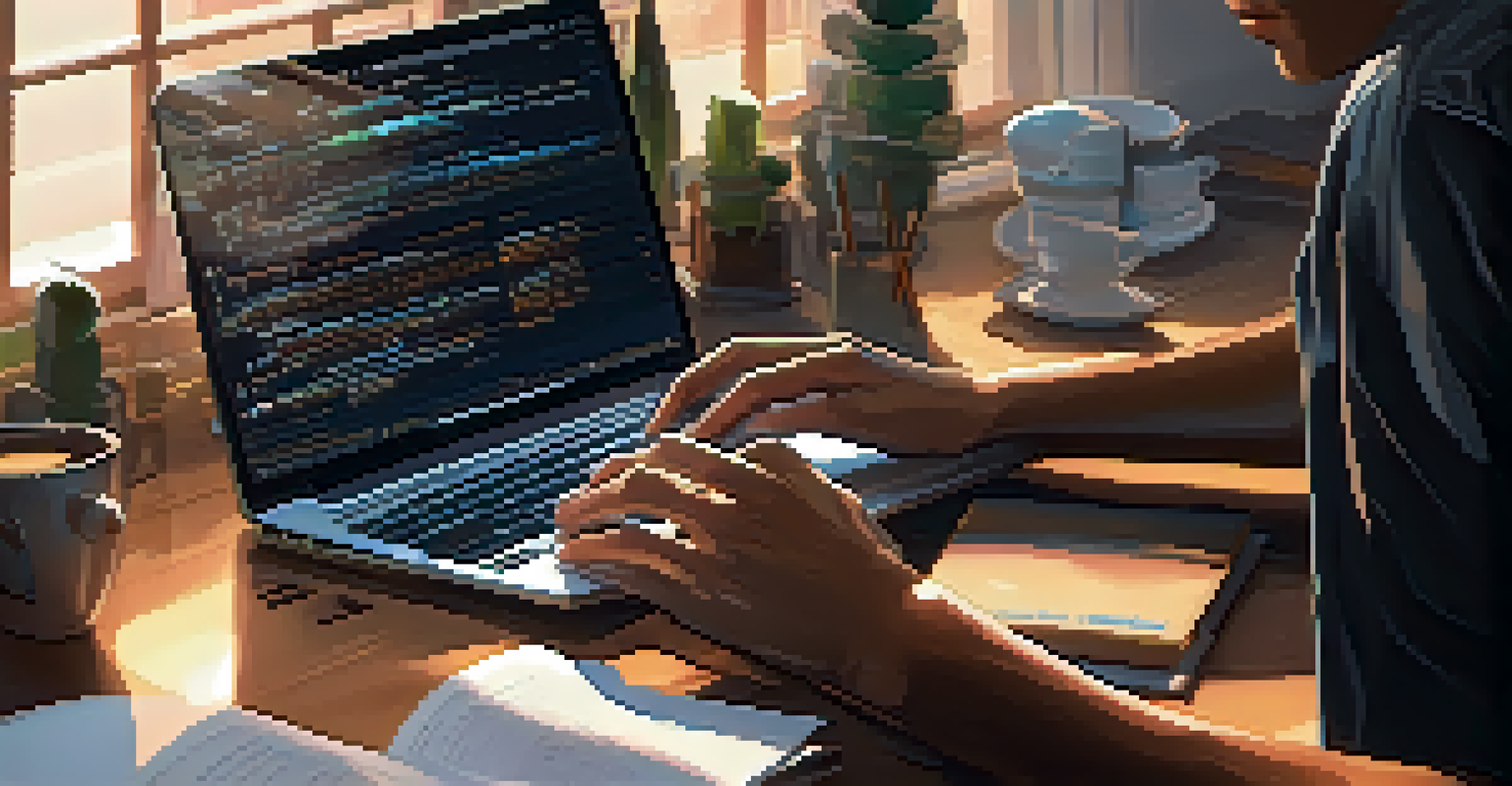 A developer's hands typing on a laptop with Ethereum smart contract code, showcasing a productive workspace filled with books and notes.