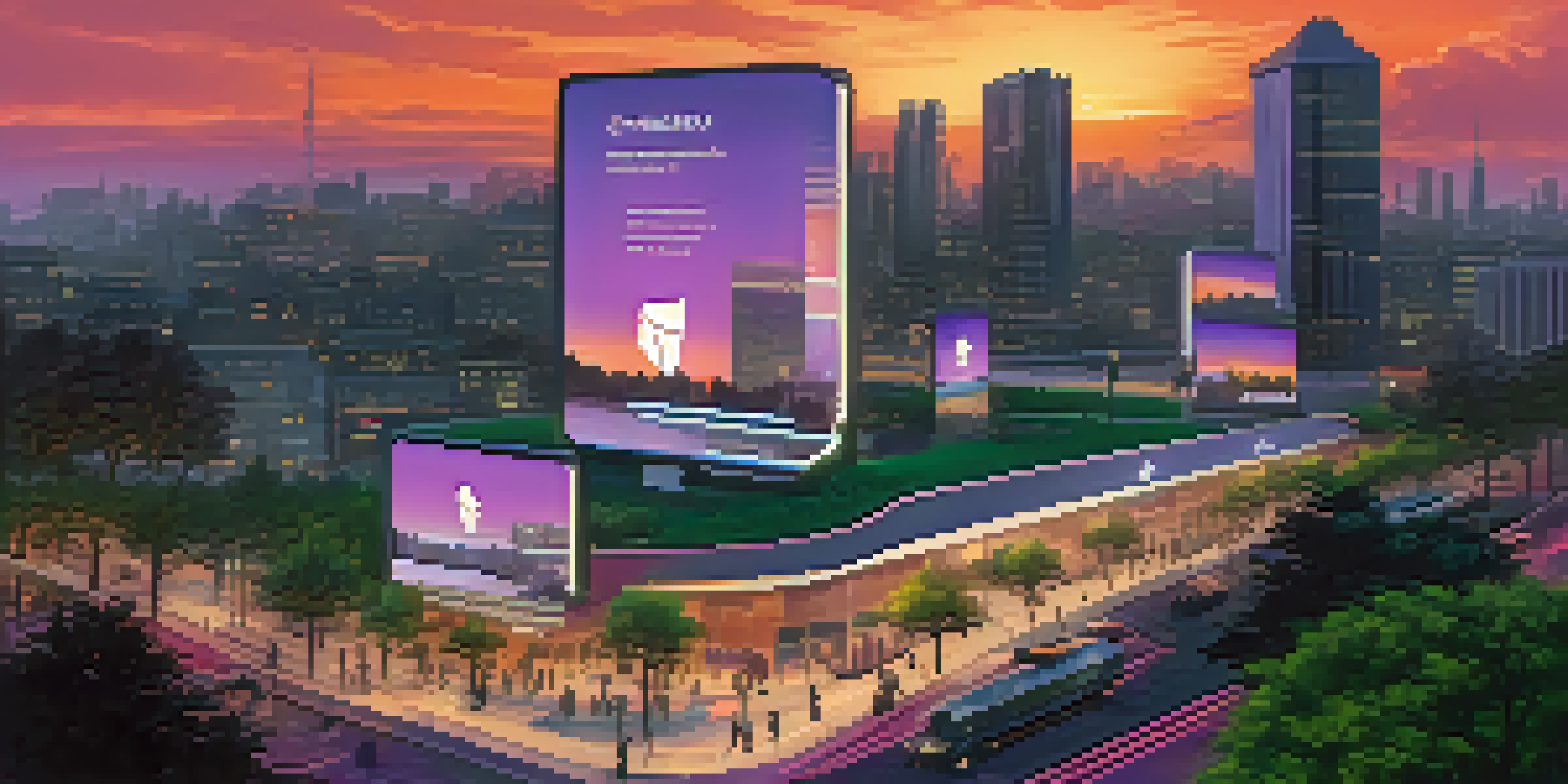 A vibrant cityscape at dusk with modern buildings and greenery, featuring digital billboards of Ethereum, and people using digital devices.