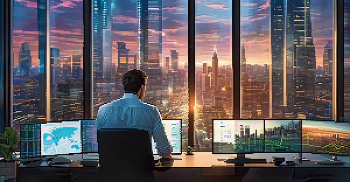 A trader in a modern office surrounded by multiple screens with cryptocurrency charts, bright lighting, and a city skyline visible through the window.