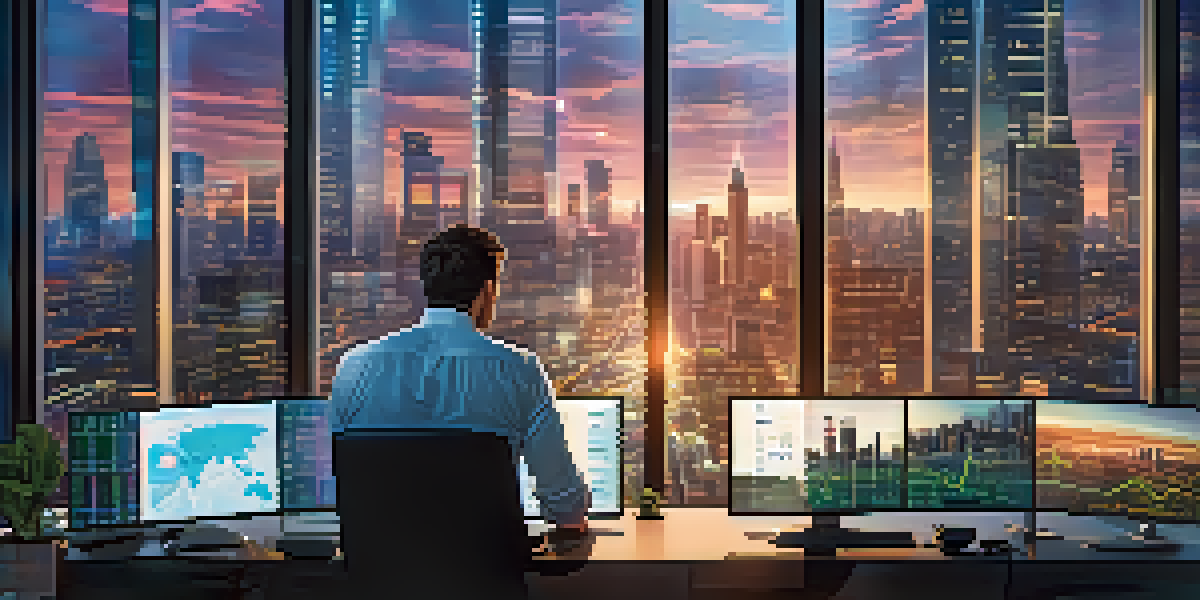 A trader in a modern office surrounded by multiple screens with cryptocurrency charts, bright lighting, and a city skyline visible through the window.
