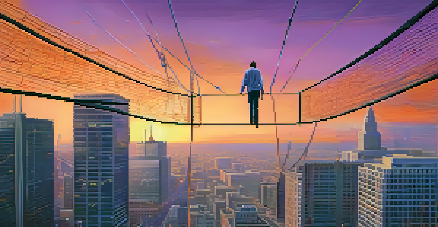 A tightrope walker above a digital city, surrounded by safety nets labeled with trust, security, and compliance, set against a sunset sky.