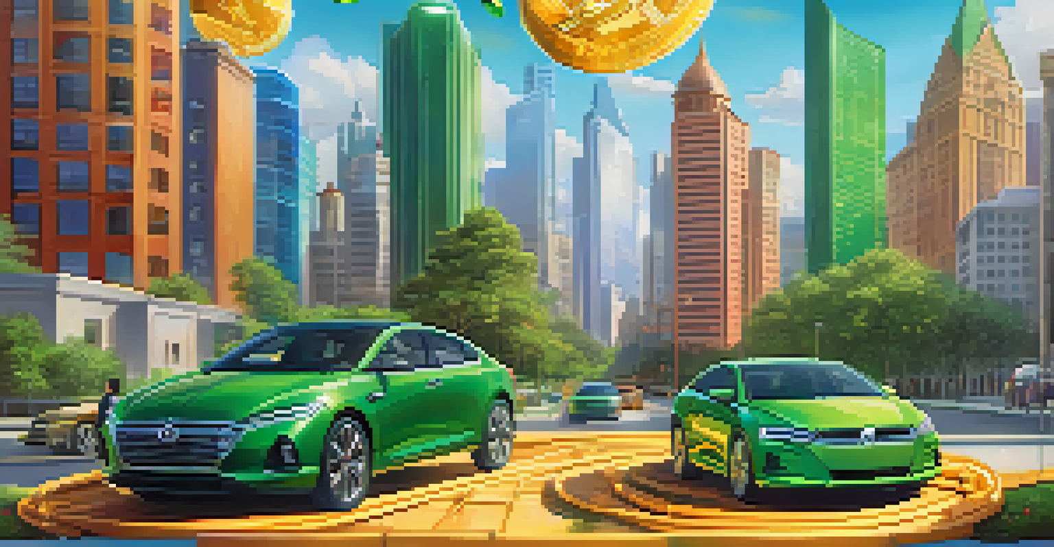 An illustration depicting tokenization of a house and car into digital tokens against a vibrant city skyline.