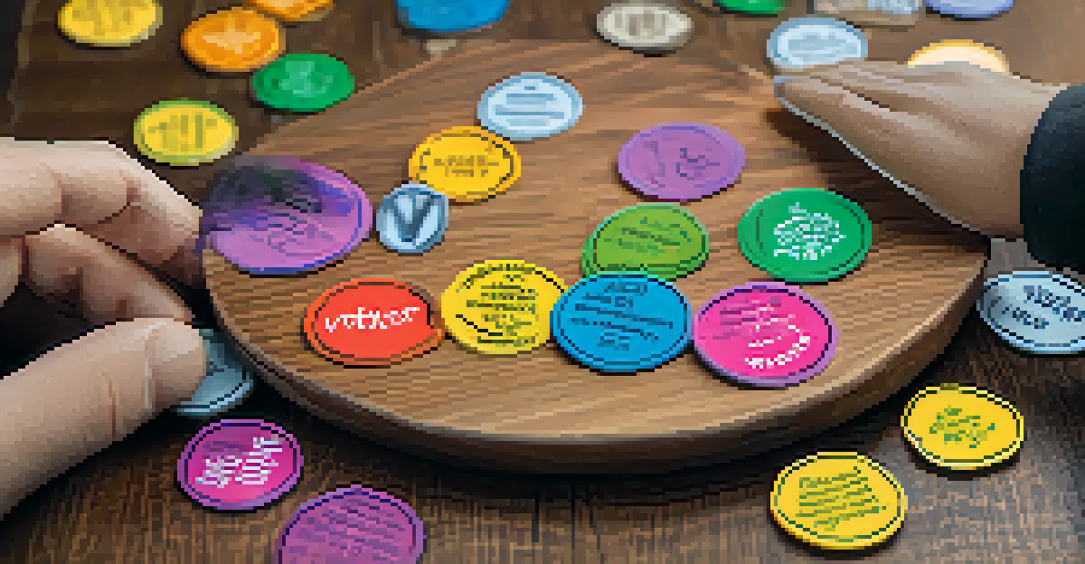 Colorful tokens representing community engagement on a wooden table, with hands reaching for them, and a gathering in the blurred background.