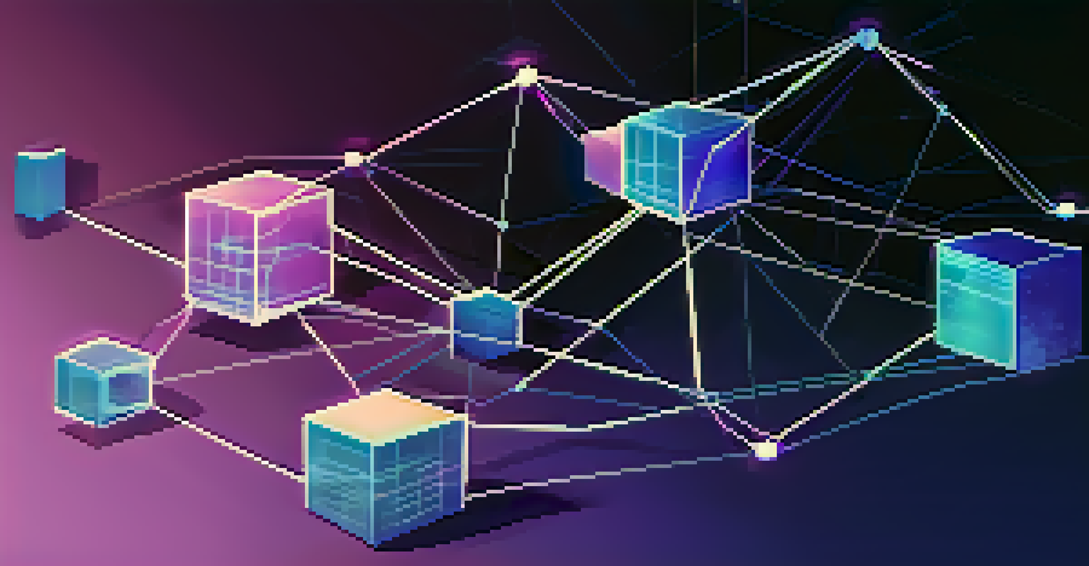 An illustration of the Ethereum blockchain with glowing interconnected nodes and blocks on a deep blue and purple gradient background.