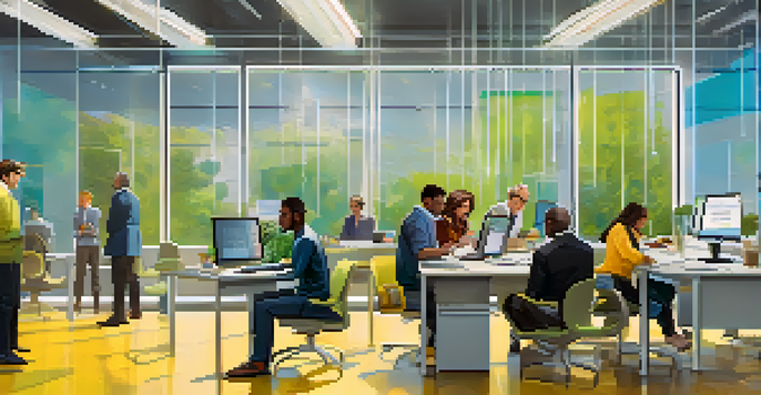 A diverse group of people actively participating in a voting process while holding governance tokens, set in a bright, modern office environment.