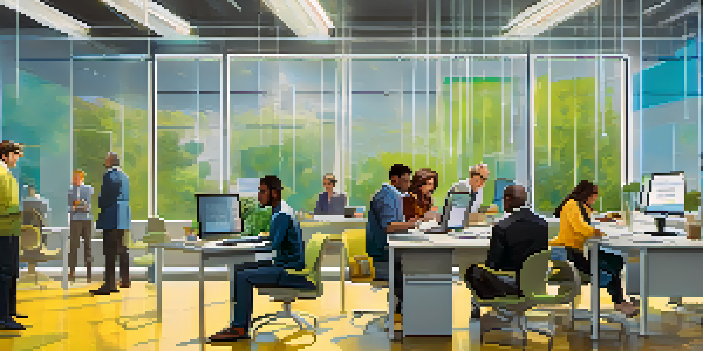 A diverse group of people actively participating in a voting process while holding governance tokens, set in a bright, modern office environment.