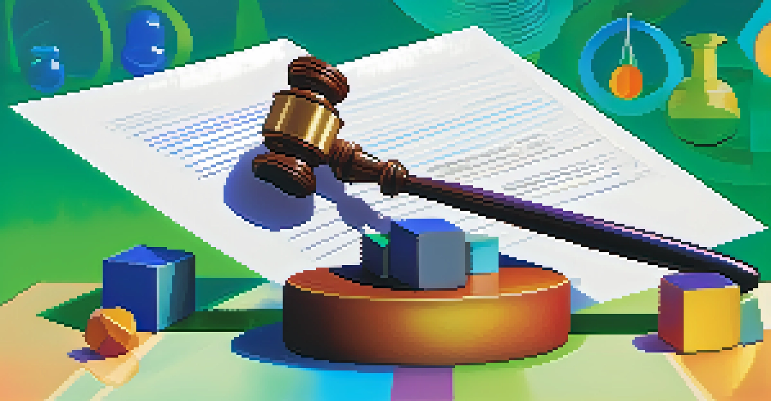 An abstract scale showing regulation with a gavel and innovation with colorful tokens.