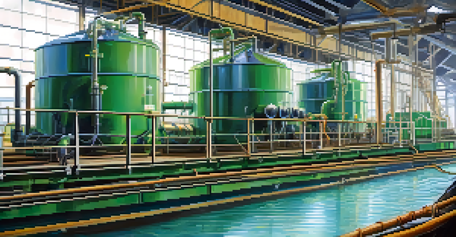 A detailed view of a water recycling system at a mining facility, showcasing pipes and filtration equipment with green plants in the background.