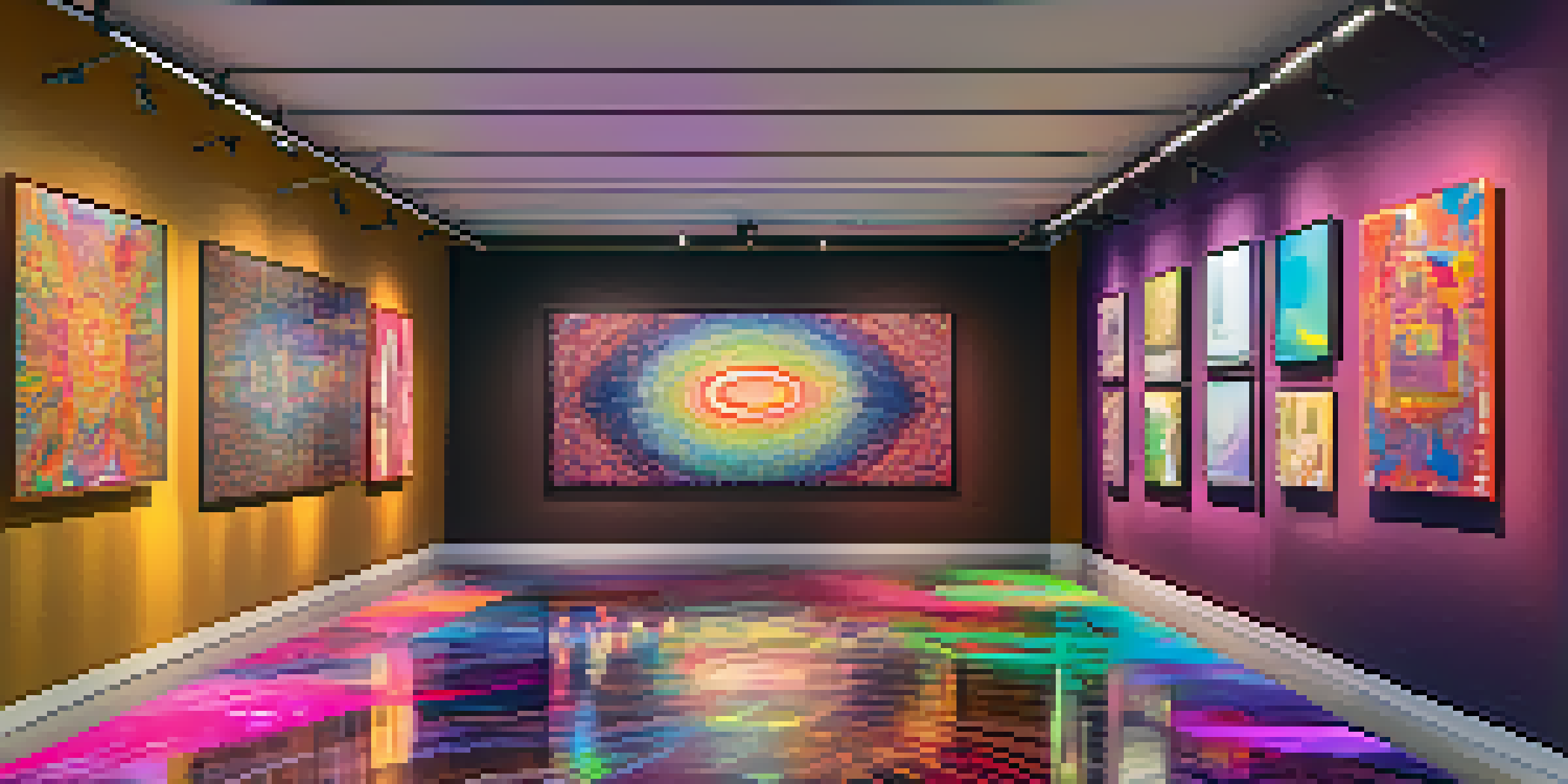 A digital art gallery featuring various NFTs on display, with colorful lights and visitors admiring the artworks.
