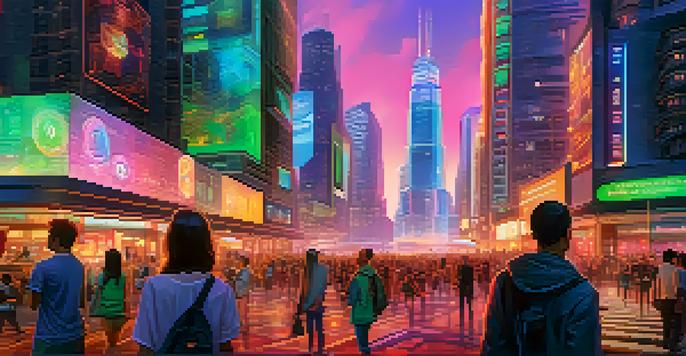 A vibrant futuristic city with people using smartphones and holographic displays for digital currency transactions at dusk.