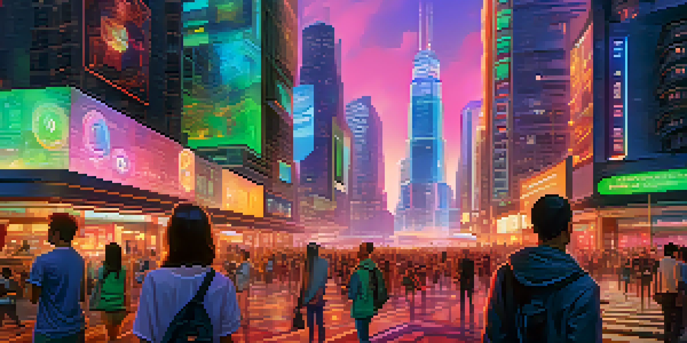 A vibrant futuristic city with people using smartphones and holographic displays for digital currency transactions at dusk.