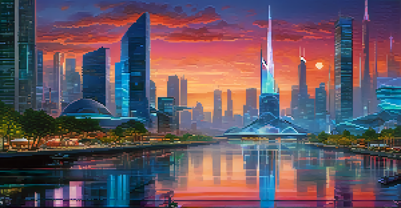 A futuristic city skyline at dusk with digital billboards featuring Ethereum 2.0 logos and colorful reflections in the water.