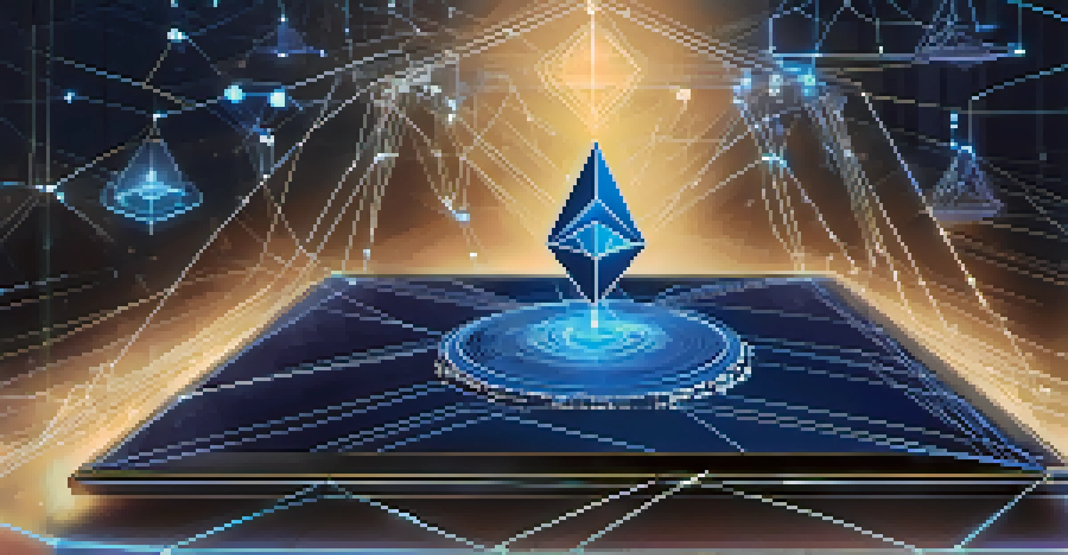 A glowing digital document symbolizing a smart contract on the Ethereum blockchain, surrounded by interconnected nodes and chains in a dark blue gradient background.