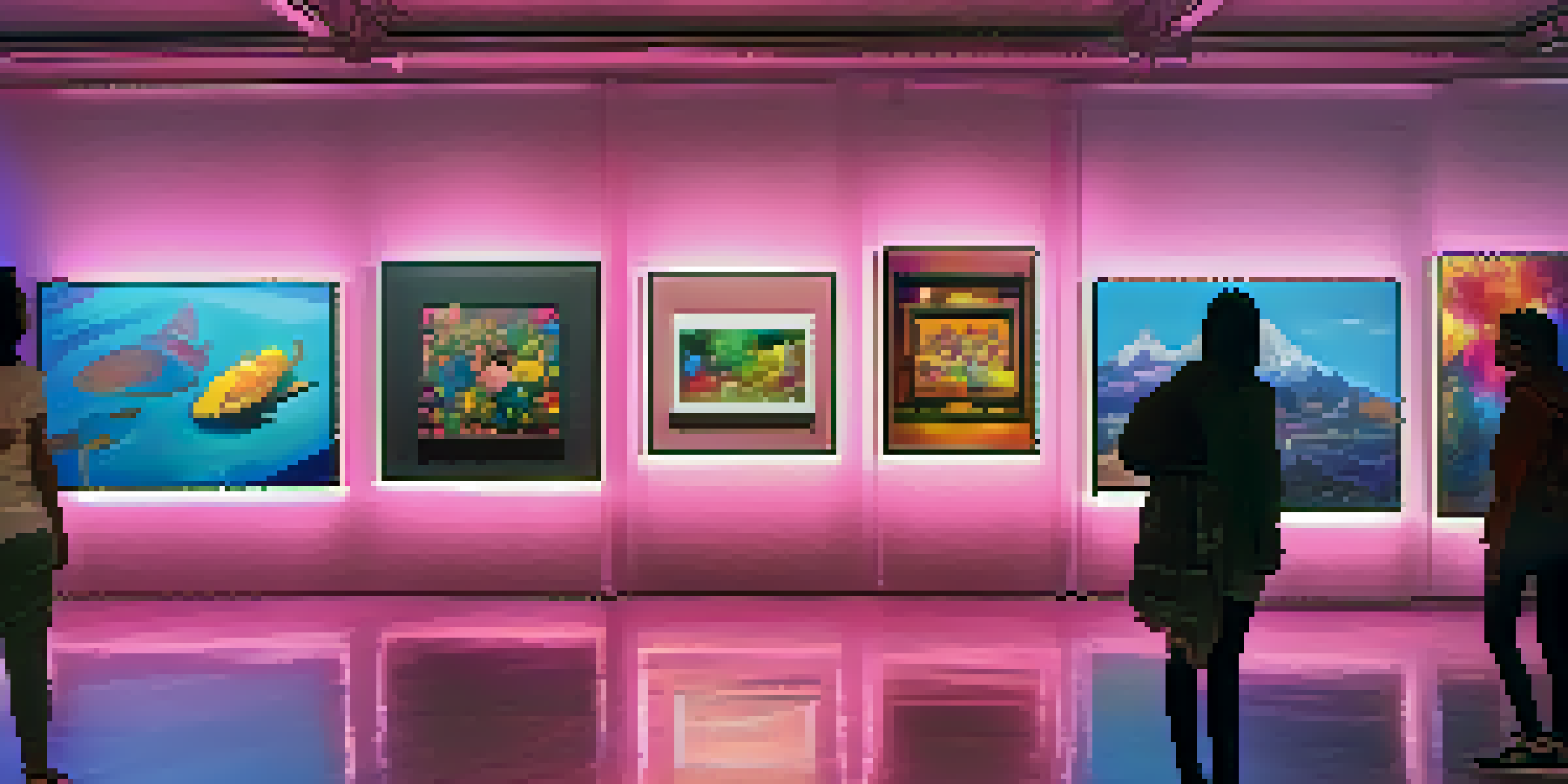 A digital art gallery filled with vibrant NFT artworks, where artists and collectors are interacting in a warmly lit environment.