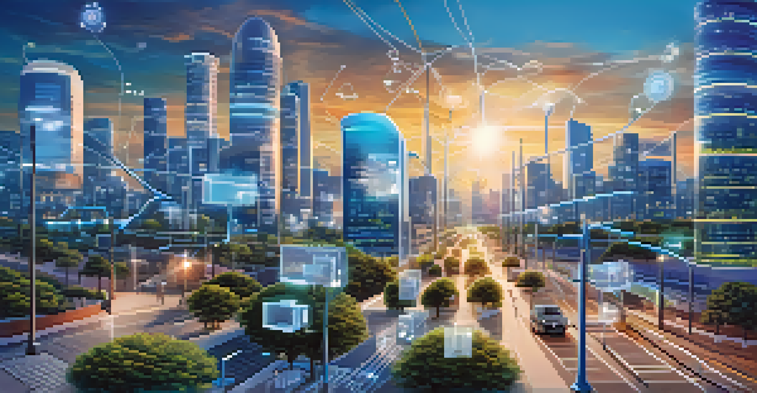A smart city landscape featuring various IoT sensors and devices integrated into the urban environment under a clear blue sky.
