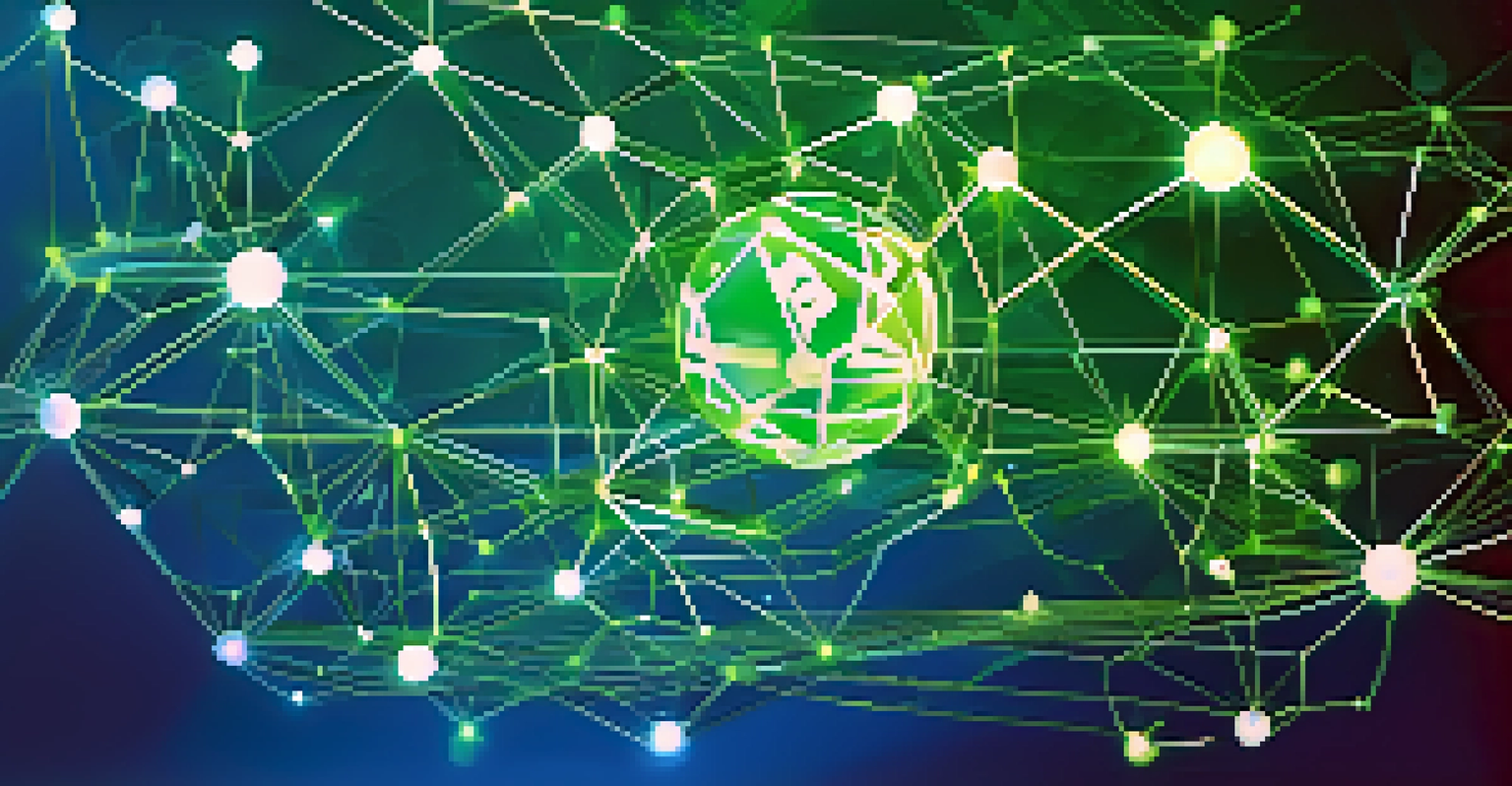 An abstract representation of decentralized finance with glowing blockchain nodes and currency symbols in a blue-green gradient background.