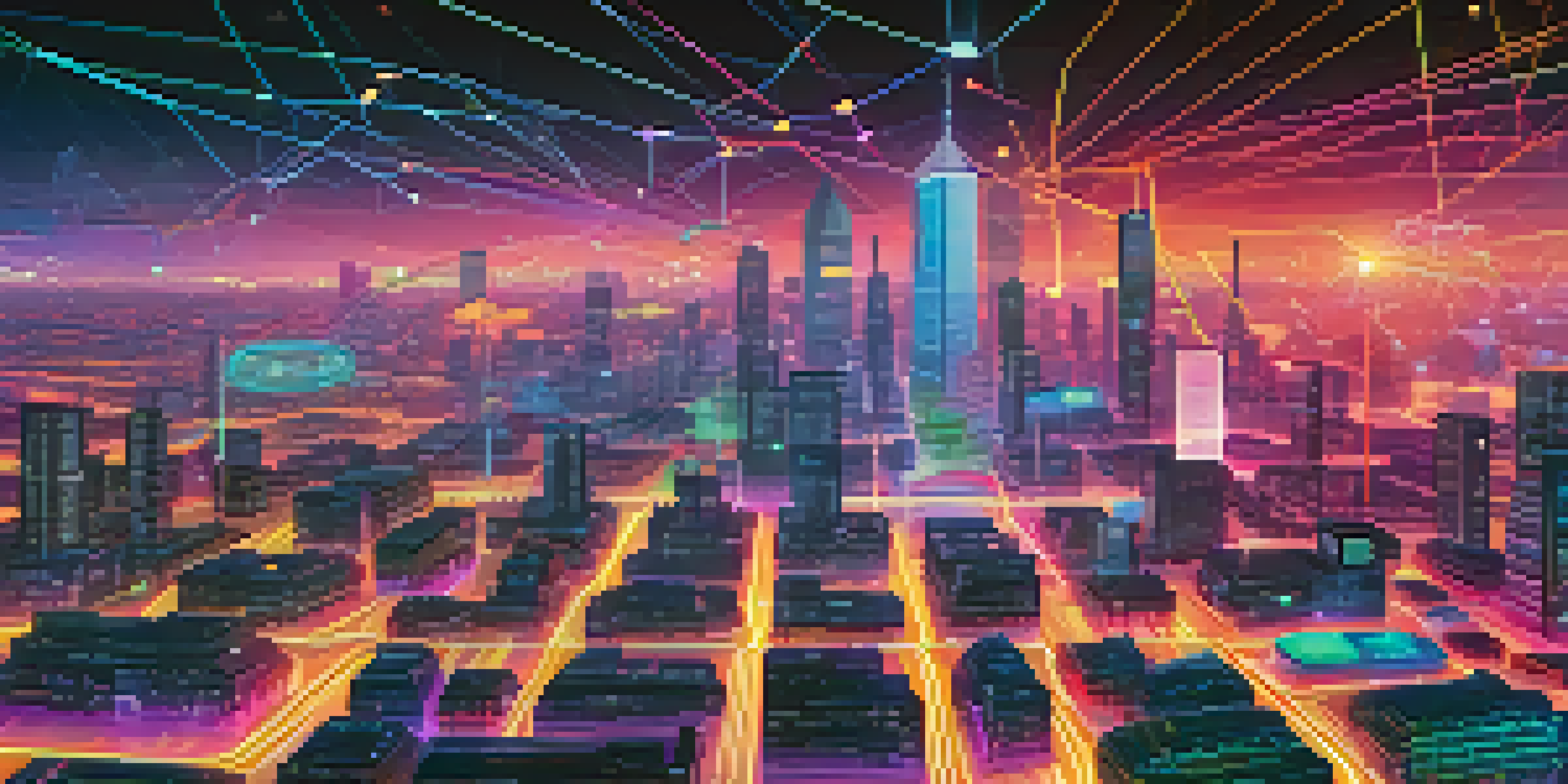 A vibrant digital landscape showing interconnected blockchain networks with nodes and lines against a futuristic city skyline at dusk.