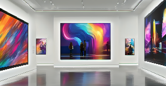 A modern digital art gallery filled with diverse NFT artworks displayed on screens, with visitors interacting in a well-lit environment.