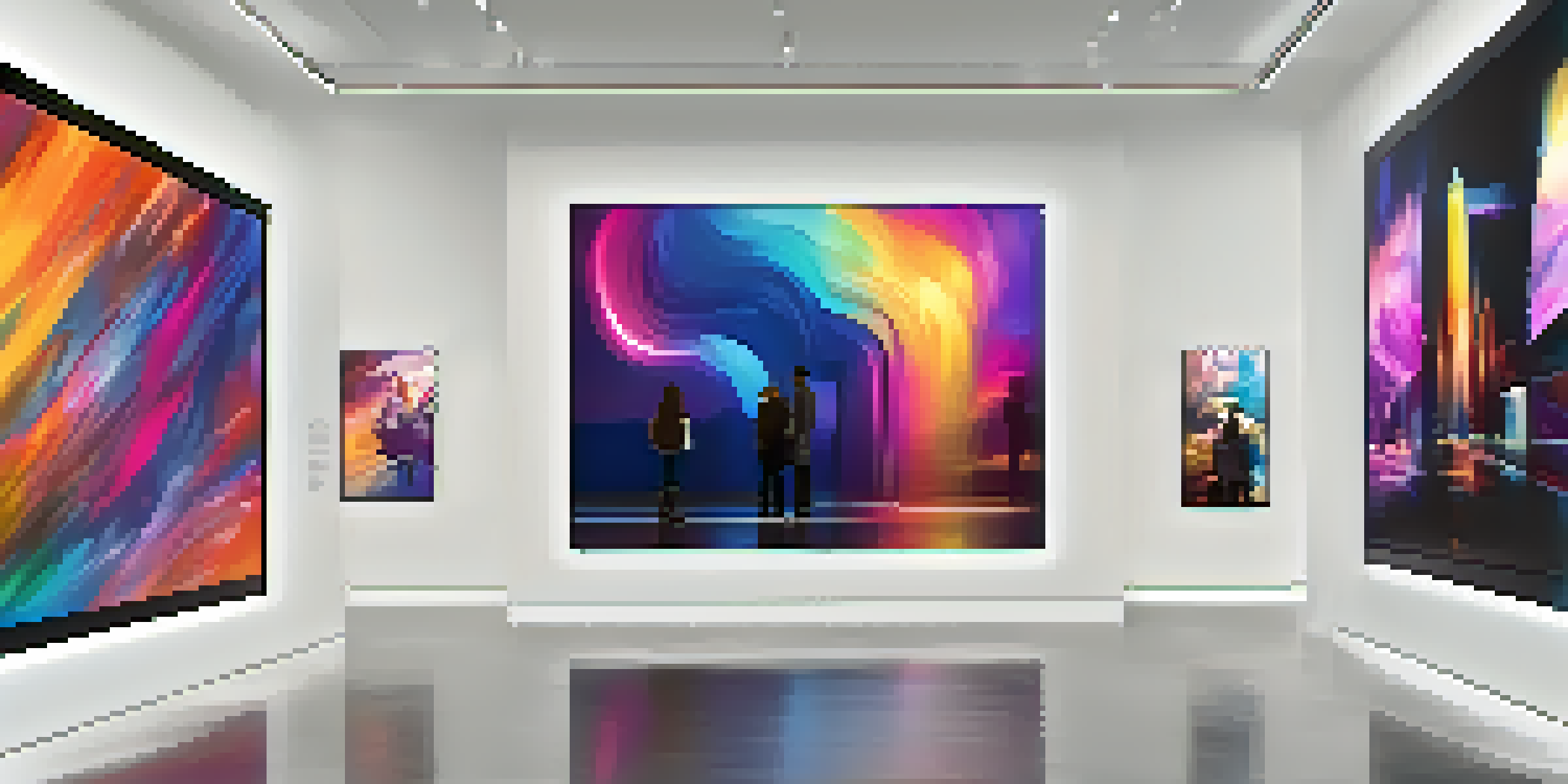 A modern digital art gallery filled with diverse NFT artworks displayed on screens, with visitors interacting in a well-lit environment.