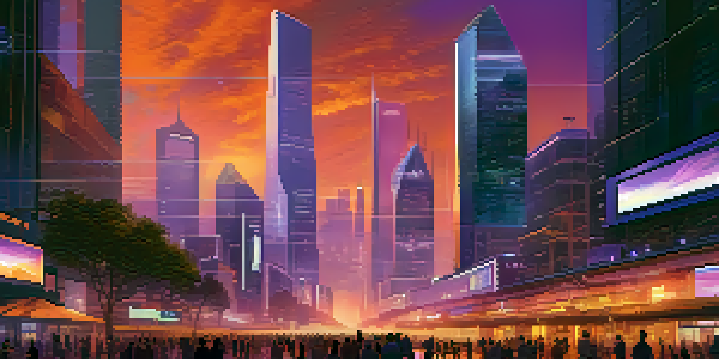 A vibrant city skyline with glowing buildings and digital advertisements, depicting smart contracts and governance concepts during sunset.