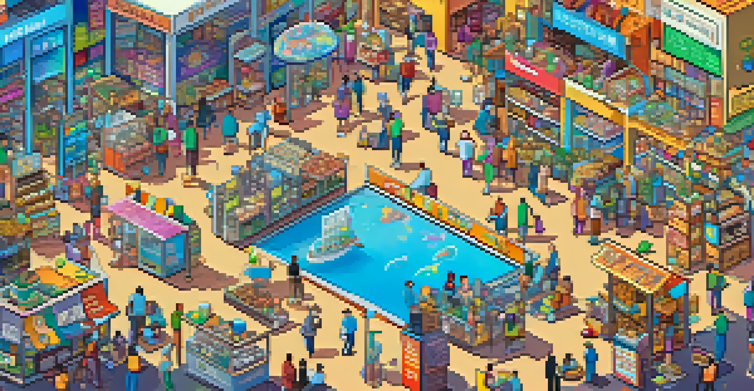 A vibrant digital marketplace showing users engaging with decentralized applications on their devices amidst colorful application icons.