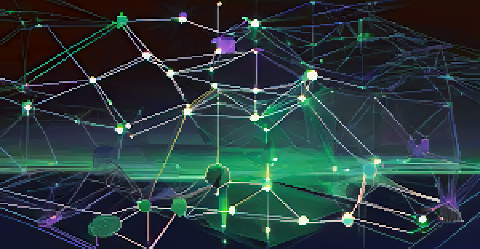 An abstract visualization of Ethereum's blockchain with interconnected nodes and smart contracts in blue and green.