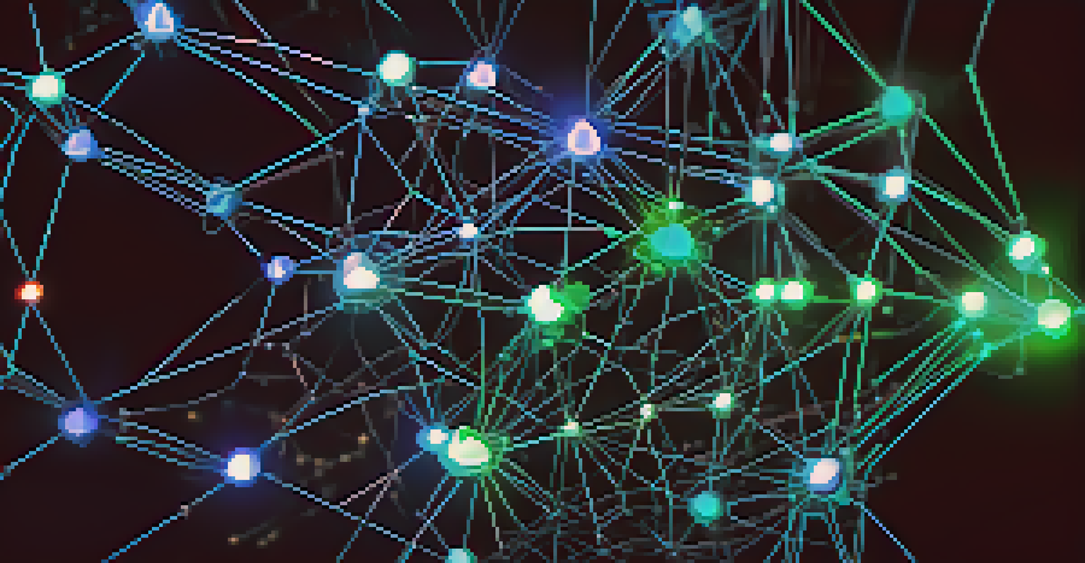 A close-up visualization of a blockchain network with glowing nodes and connections, symbolizing decentralized funding.