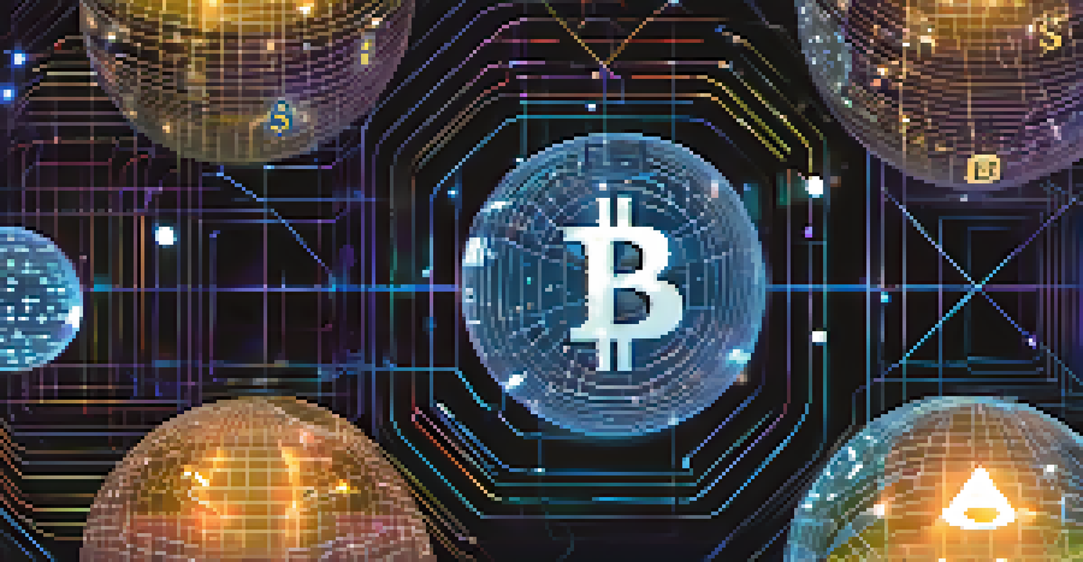 An abstract representation of glowing orbs symbolizing various digital currencies connected in a network, set against a dark starry background.