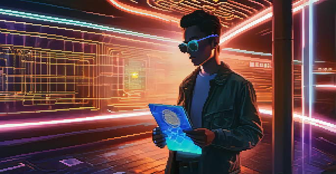 A person holding a glowing digital passport in a futuristic cityscape, symbolizing decentralized identity.