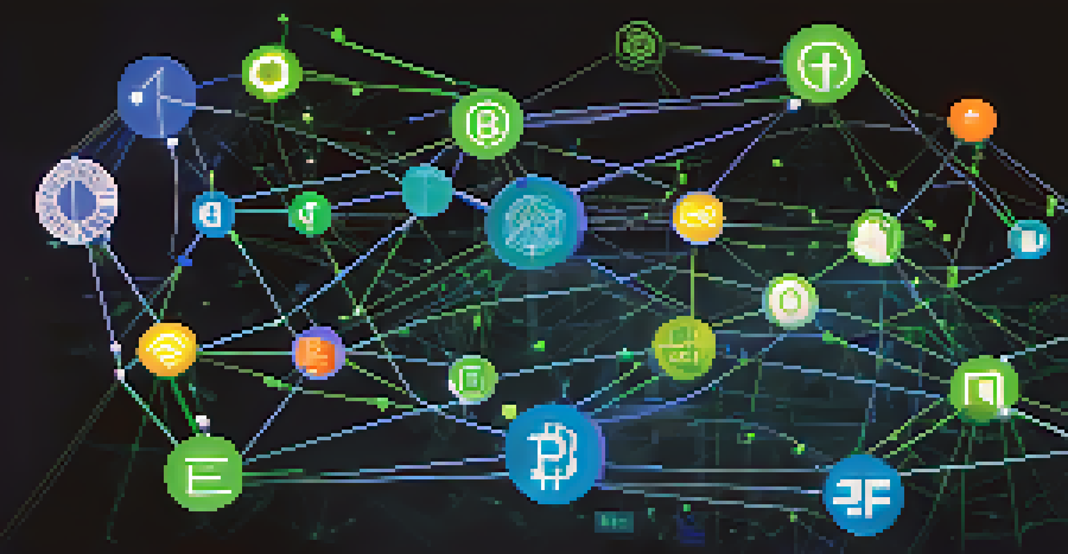 An abstract representation of a decentralized internet with interconnected nodes and cryptocurrencies, featuring vibrant colors.