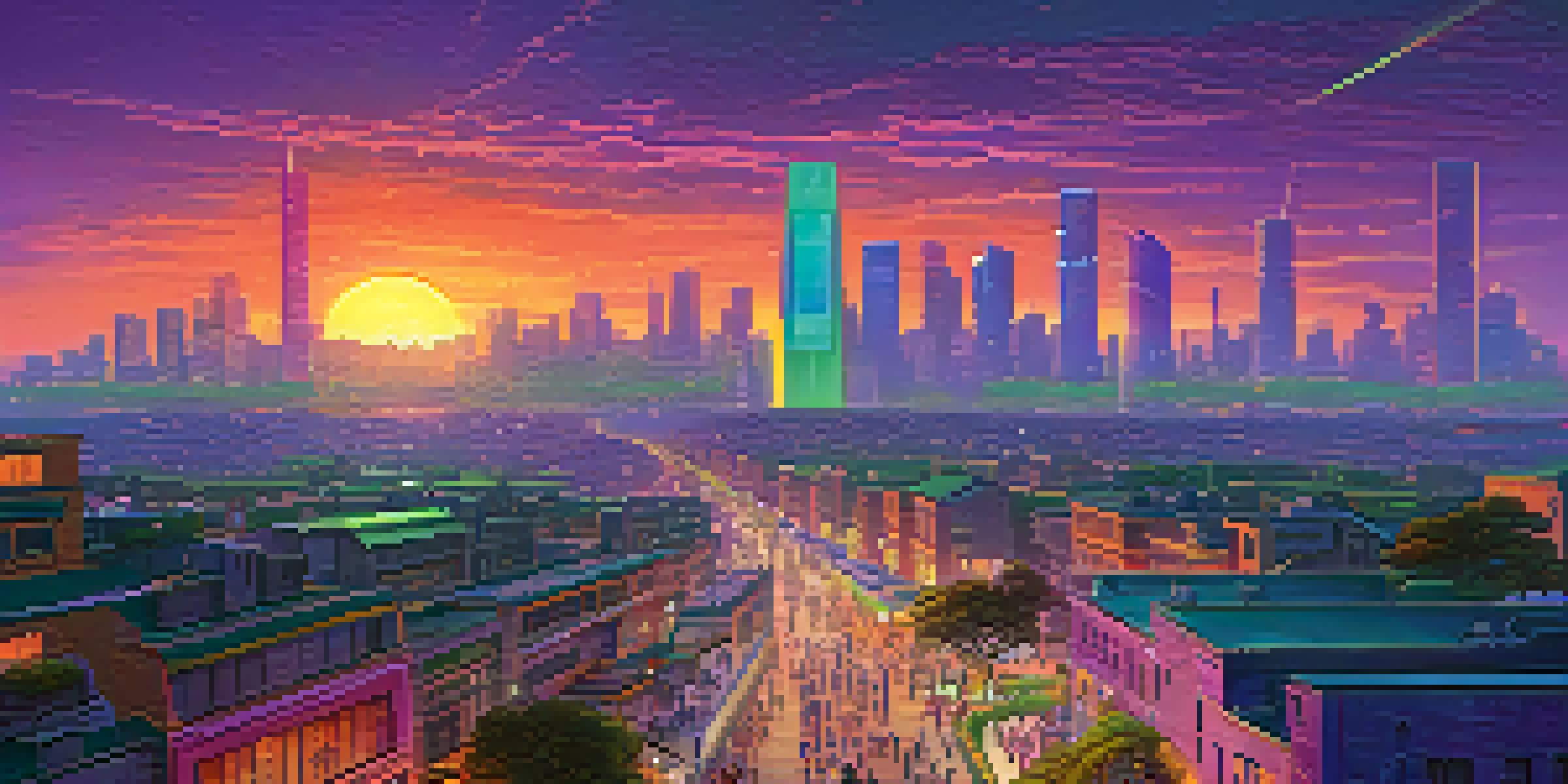 A vibrant futuristic city skyline at sunset with skyscrapers, green terraces, and neon lights.