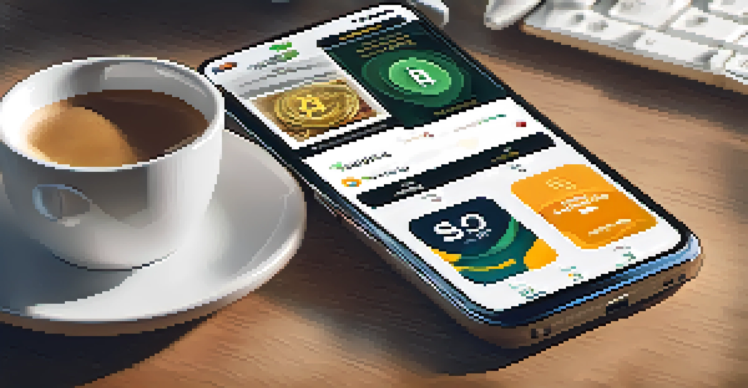 A smartphone showing a digital wallet interface with cryptocurrencies, set on a stylish desk with a laptop and coffee.