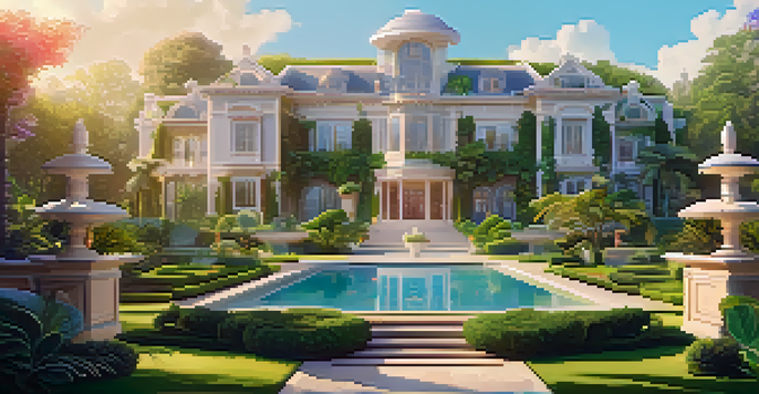 A colorful digital scene featuring a luxurious virtual mansion surrounded by greenery and futuristic buildings, with avatars in the foreground.