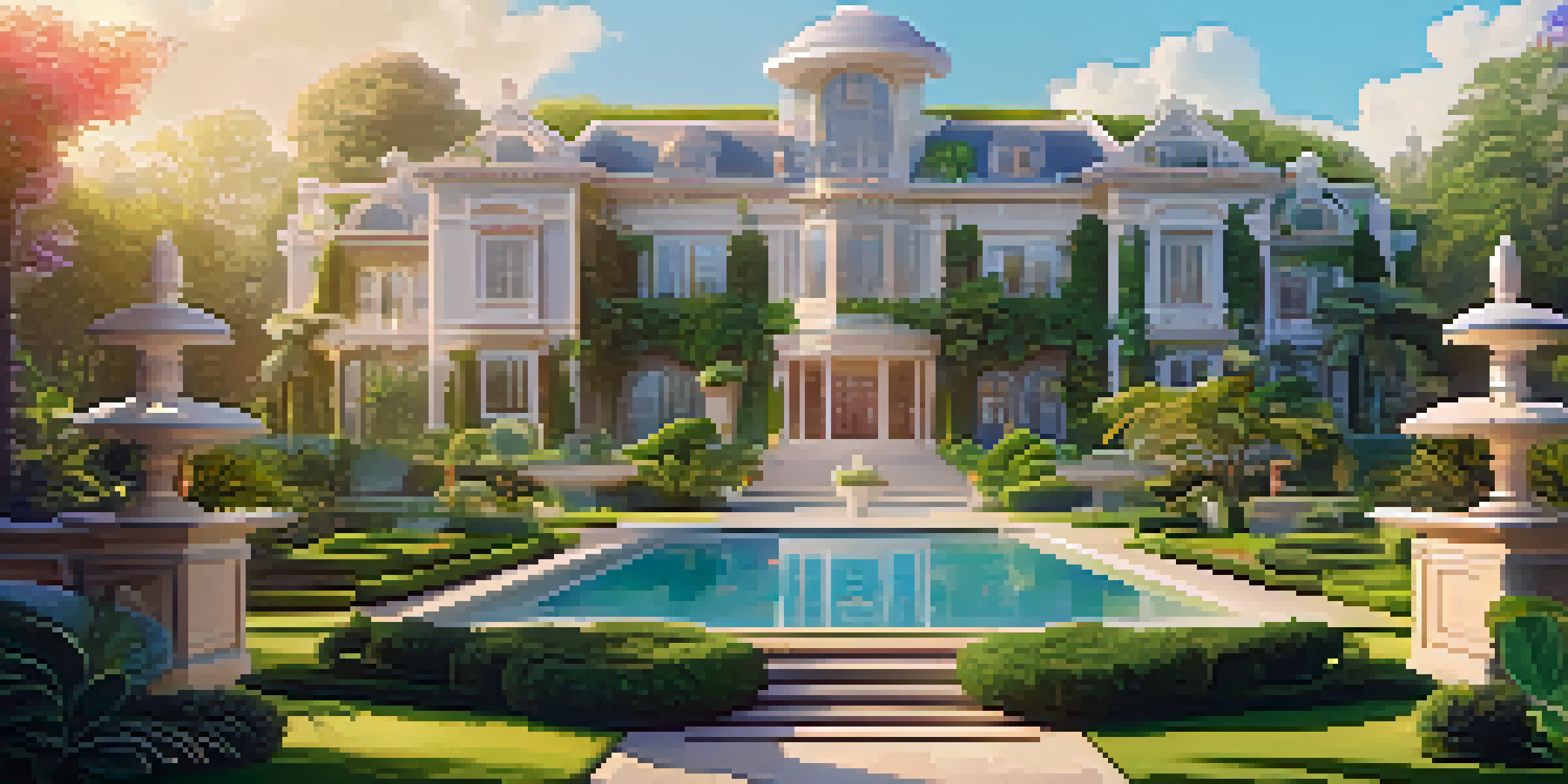 A colorful digital scene featuring a luxurious virtual mansion surrounded by greenery and futuristic buildings, with avatars in the foreground.