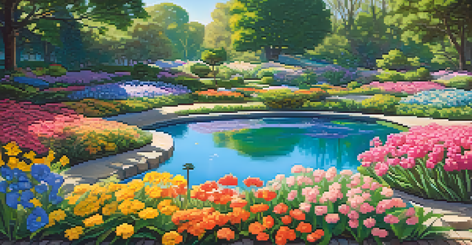 A colorful Ethereum-themed garden with flowers shaped like governance tokens, sunlight filtering through trees, and a pond reflecting the scenery.