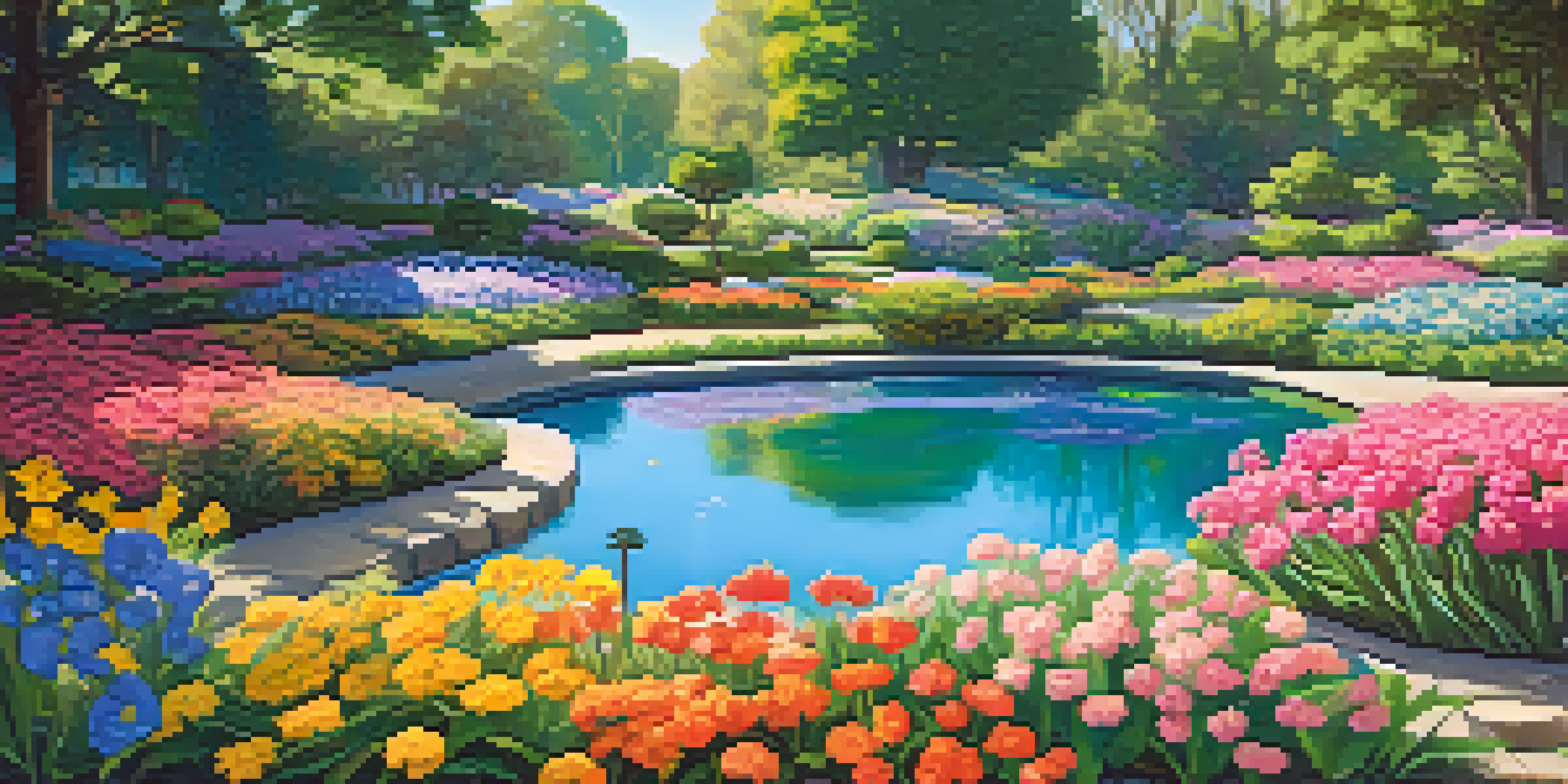 A colorful Ethereum-themed garden with flowers shaped like governance tokens, sunlight filtering through trees, and a pond reflecting the scenery.
