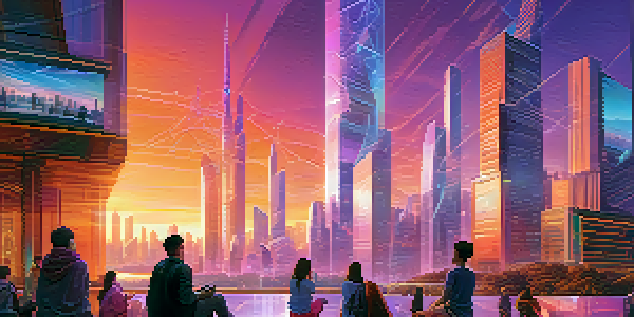 A futuristic city skyline at sunset with digital holograms and people using devices, highlighting blockchain technology.