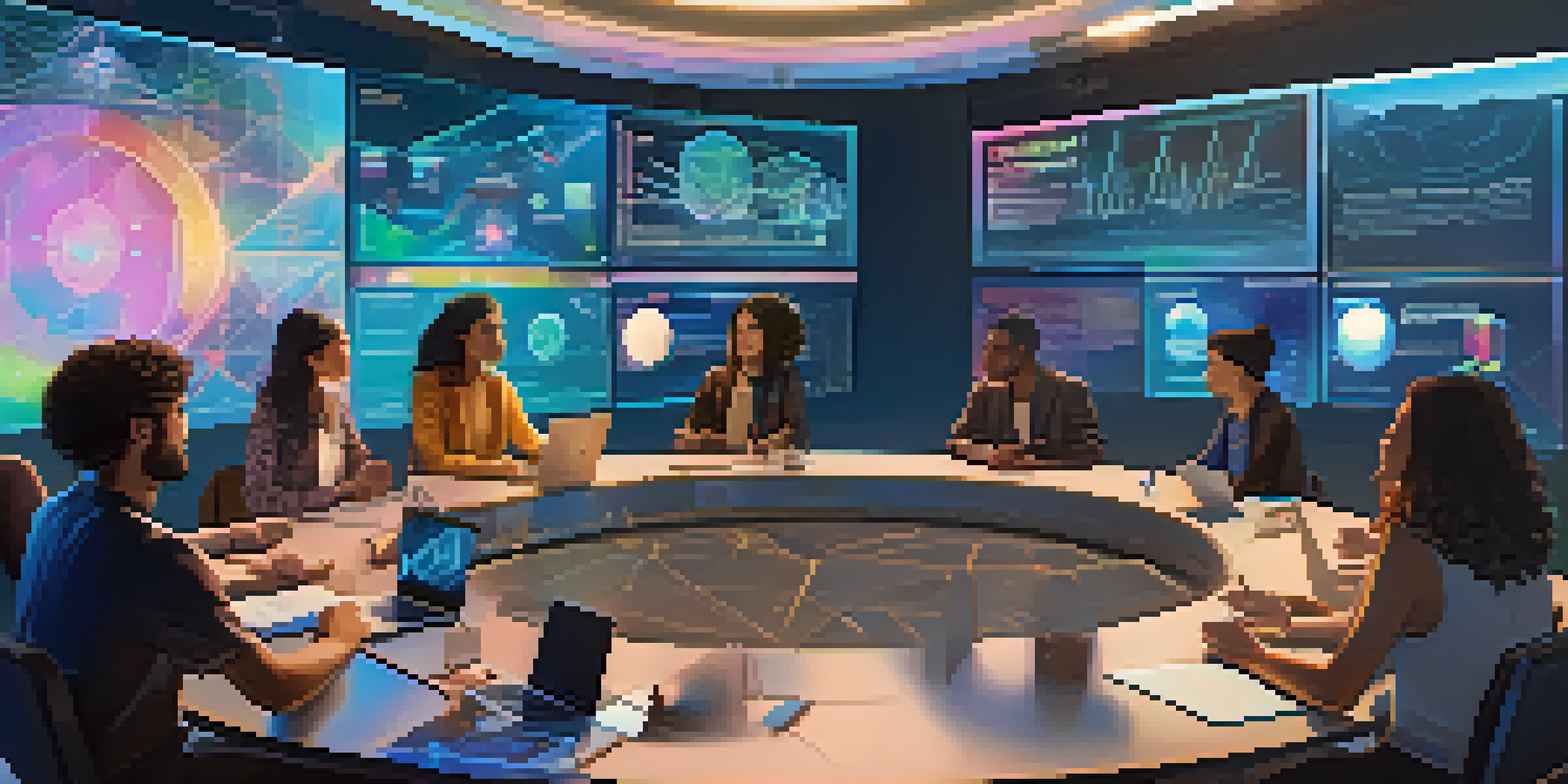 A diverse group of people in a modern meeting room discussing a Decentralized Autonomous Organization, with holographic blockchain data displays.