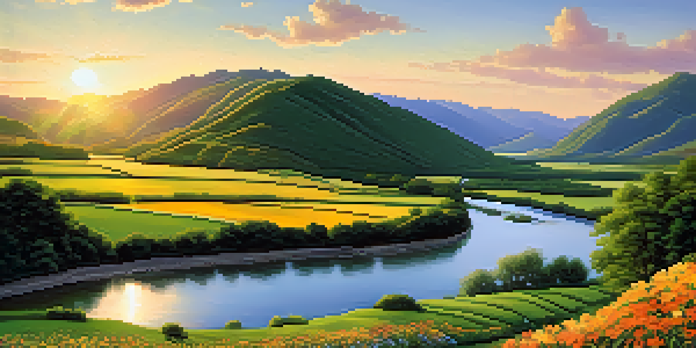 A peaceful valley landscape with a river, flowers, and a sunset sky.