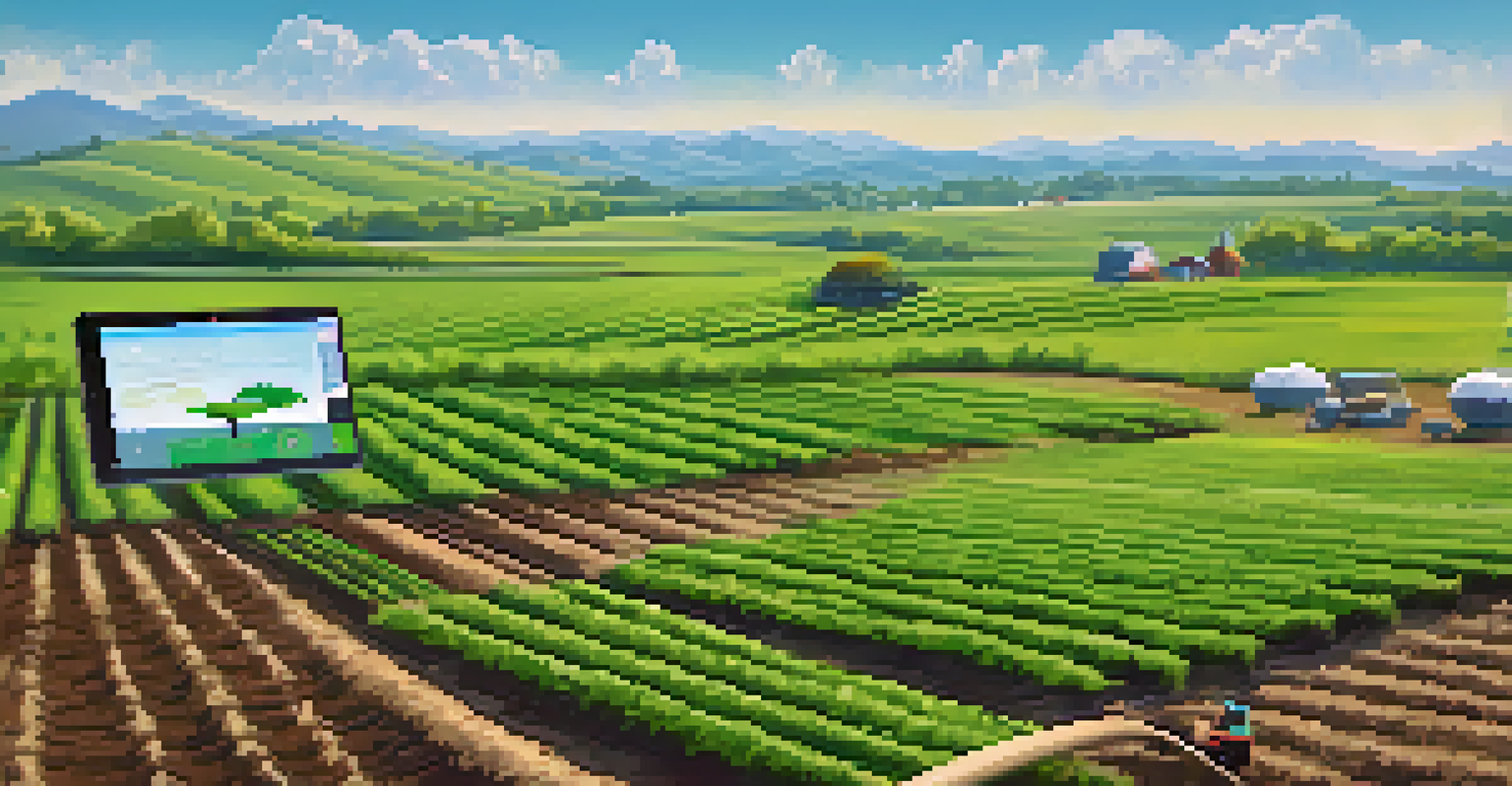 An agricultural field with IoT sensors and a farmer using a tablet to manage irrigation.