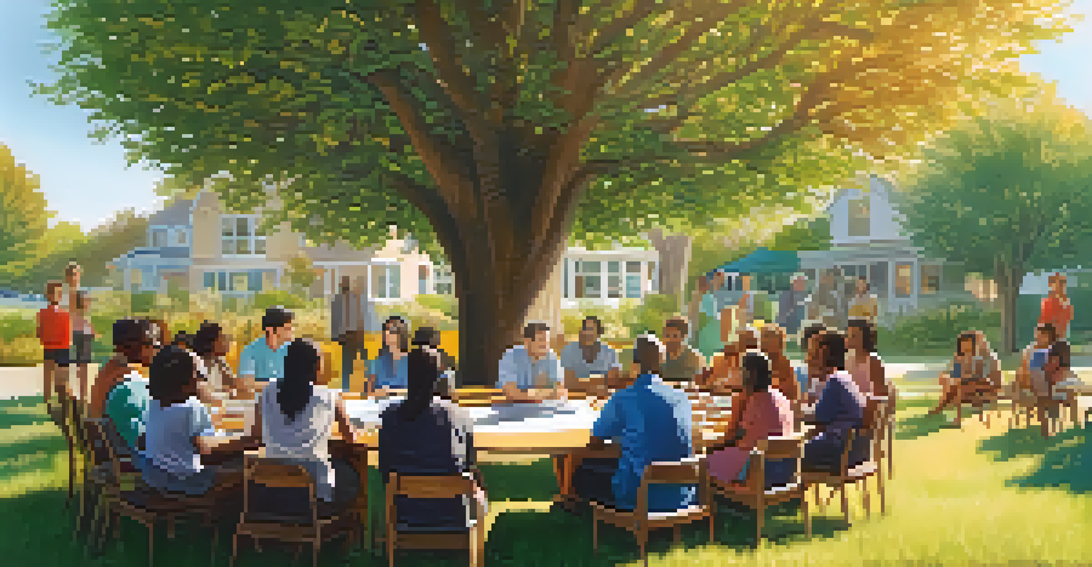 A community meeting in a park discussing content moderation with a diverse group of people.