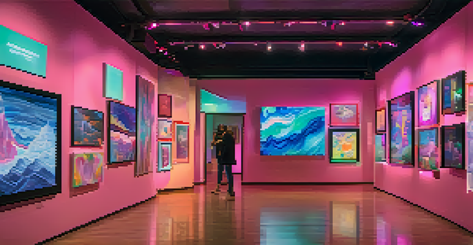 A digital art gallery filled with colorful abstract NFTs, illuminated by soft ambient lighting, with visitors admiring the artwork.