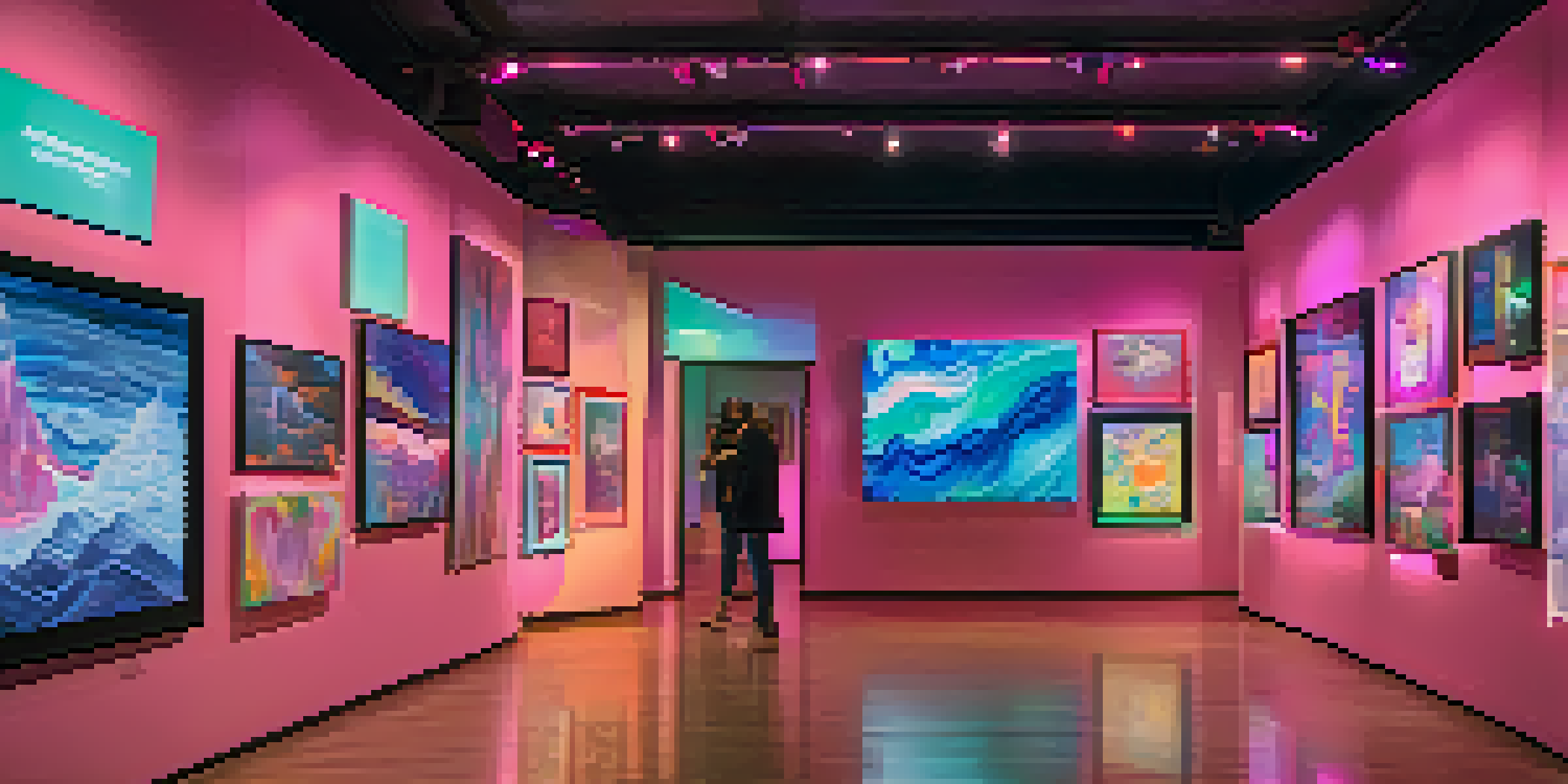 A digital art gallery filled with colorful abstract NFTs, illuminated by soft ambient lighting, with visitors admiring the artwork.